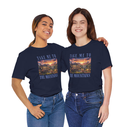 Take Me to the Mountains Sunset Tee — Scenic Cabin Sunset Graphic T-Shirt