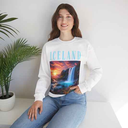 Iceland Waterfall Crewneck Sweatshirt — Scenic Sunset Travel Pullover