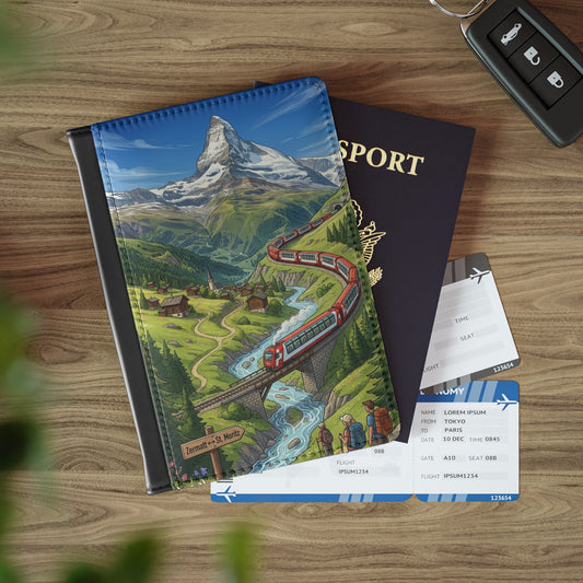 Swiss Alps Train Passport Cover — Illustrated Zermatt Matterhorn Travel Wallet