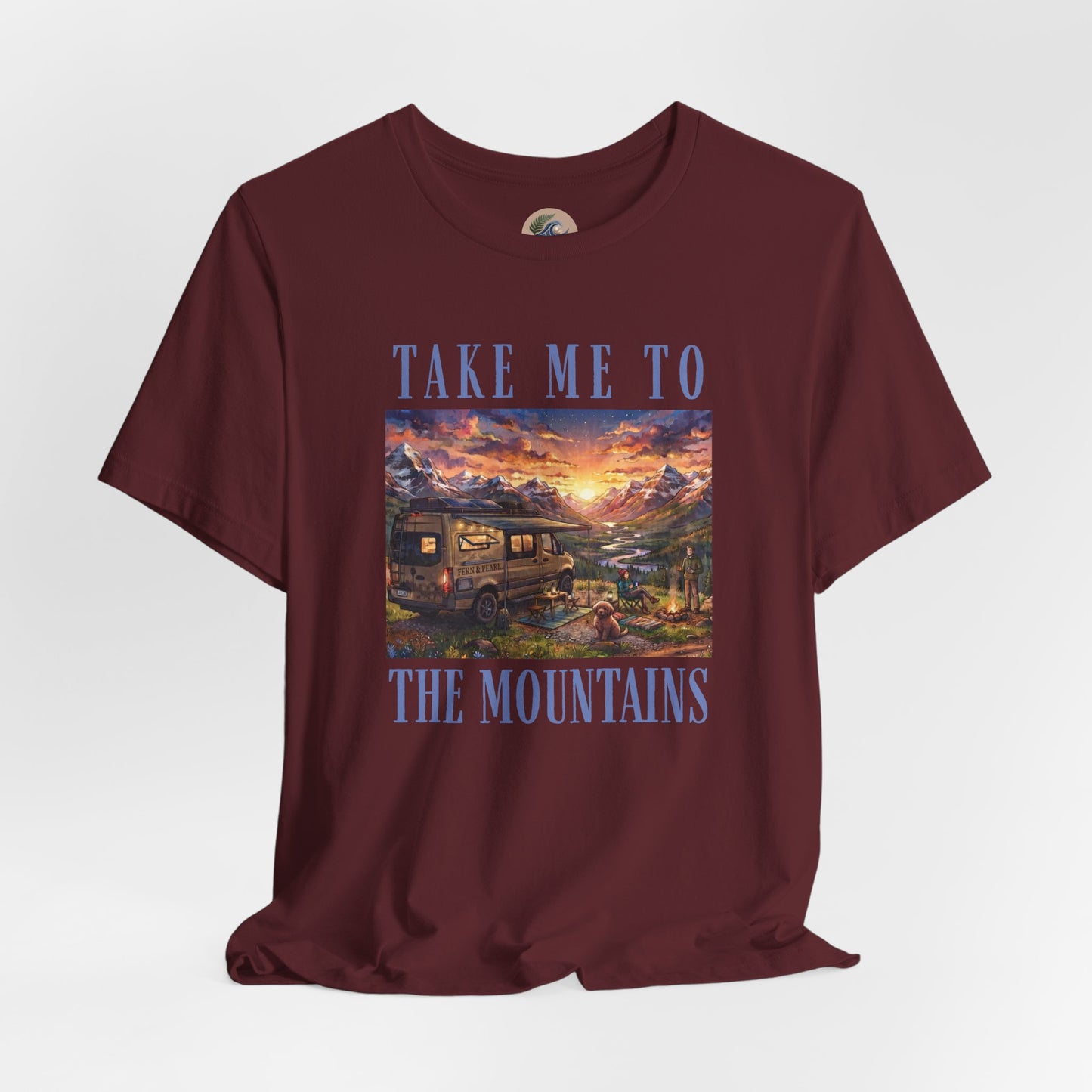 Take Me to the Mountains Sunset Tee — Scenic Cabin Sunset Graphic T-Shirt