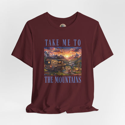 Take Me to the Mountains Sunset Tee — Scenic Cabin Sunset Graphic T-Shirt