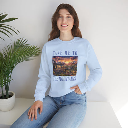 Take Me To The Mountains Sunset Crewneck Sweatshirt — Scenic Cabin Mountain Graphic