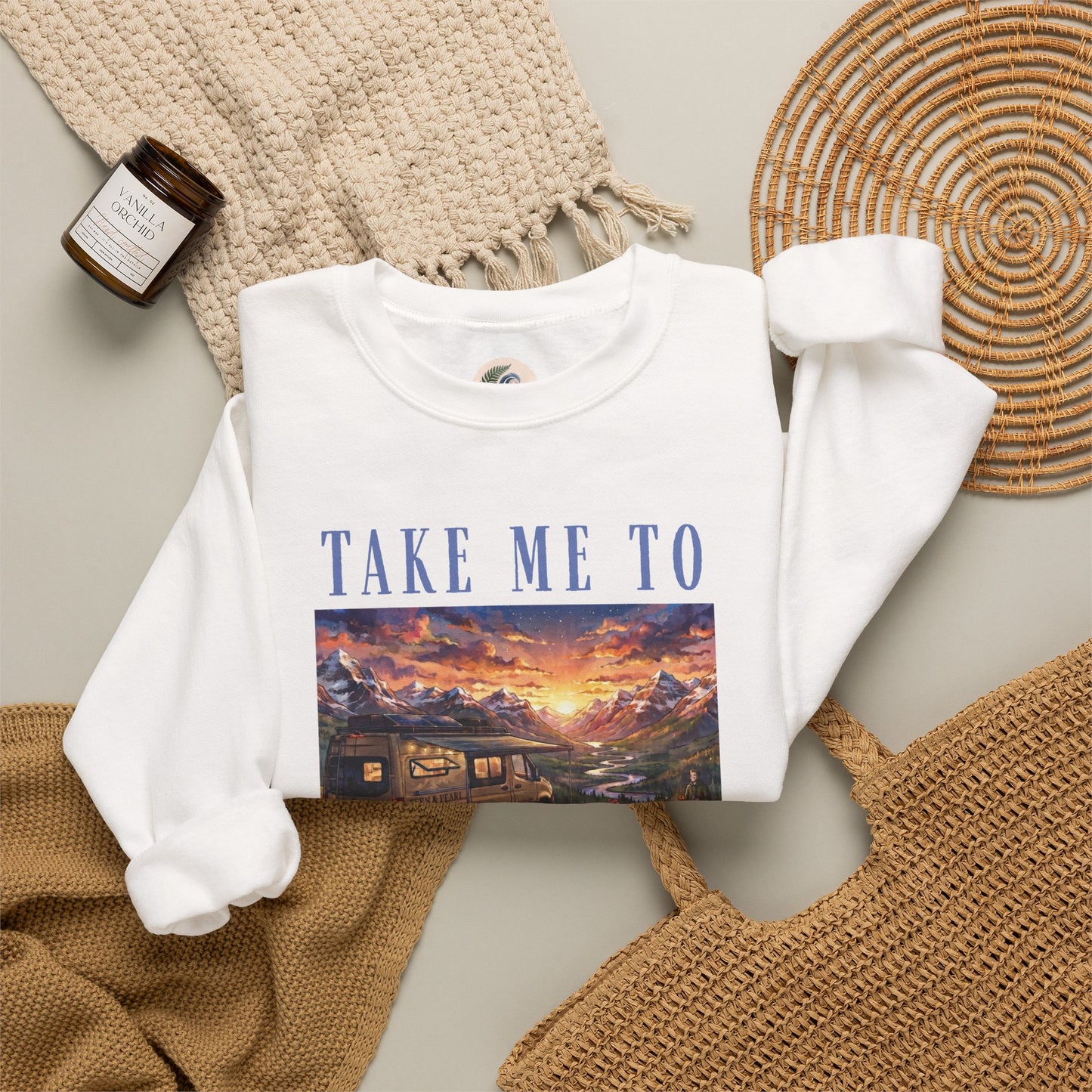 Take Me To The Mountains Sunset Crewneck Sweatshirt — Scenic Cabin Mountain Graphic
