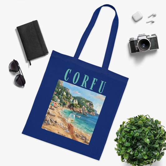 Corfu Beach Cotton Tote Bag — Vintage Seaside Travel Market Tote