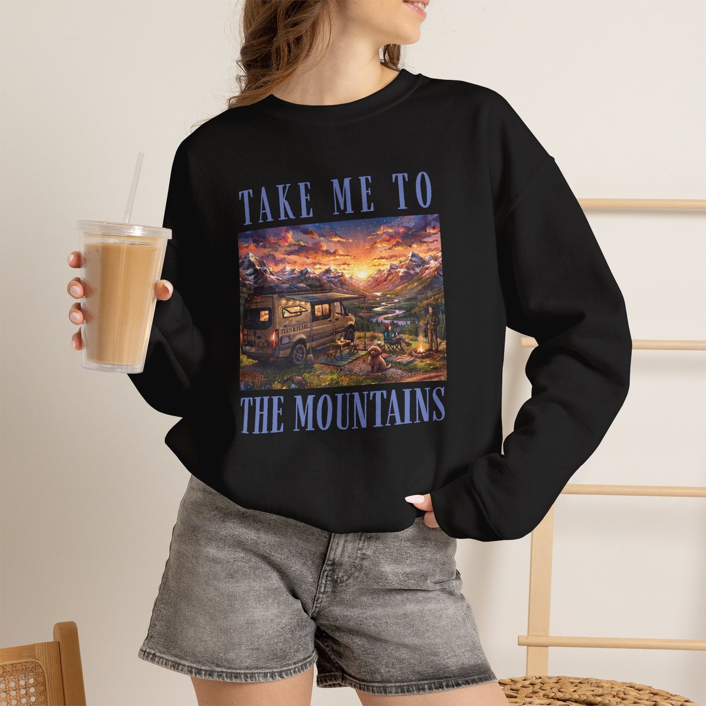 Take Me To The Mountains Sunset Crewneck Sweatshirt — Scenic Cabin Mountain Graphic