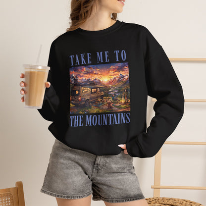 Take Me To The Mountains Sunset Crewneck Sweatshirt — Scenic Cabin Mountain Graphic