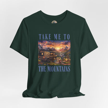Take Me to the Mountains Sunset Tee — Scenic Cabin Sunset Graphic T-Shirt