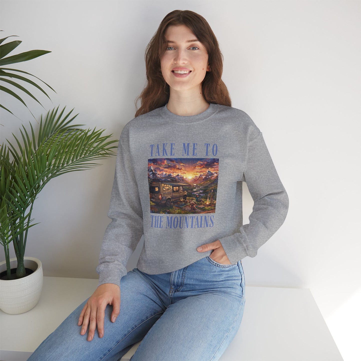 Take Me To The Mountains Sunset Crewneck Sweatshirt — Scenic Cabin Mountain Graphic