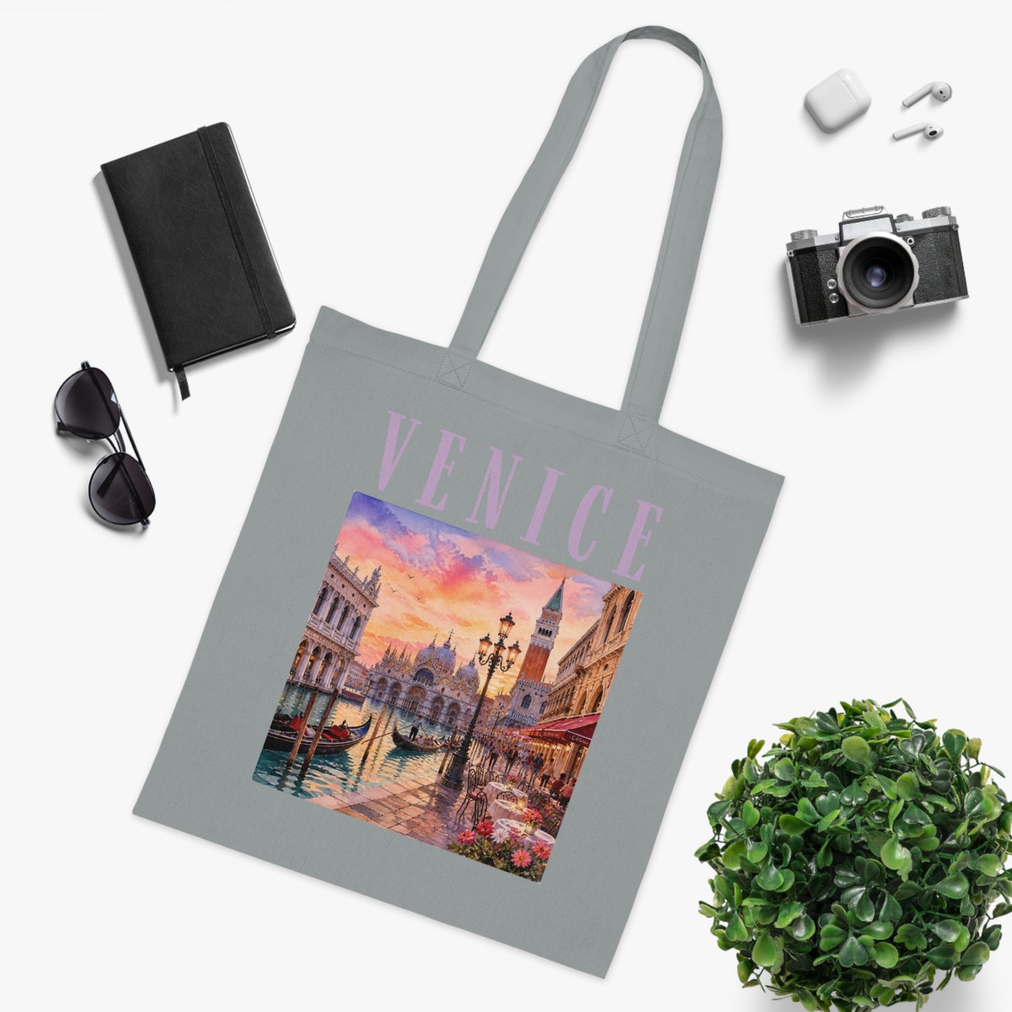 Venice Cotton Tote Bag - Vintage Sunset Canal Travel Tote