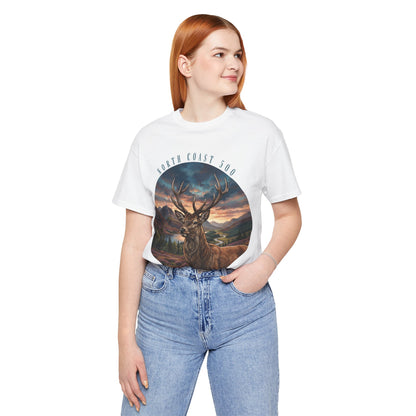 Stag Sunset NC500 Tee — 'Callum The Stag' Mountain Deer Graphic T-Shirt
