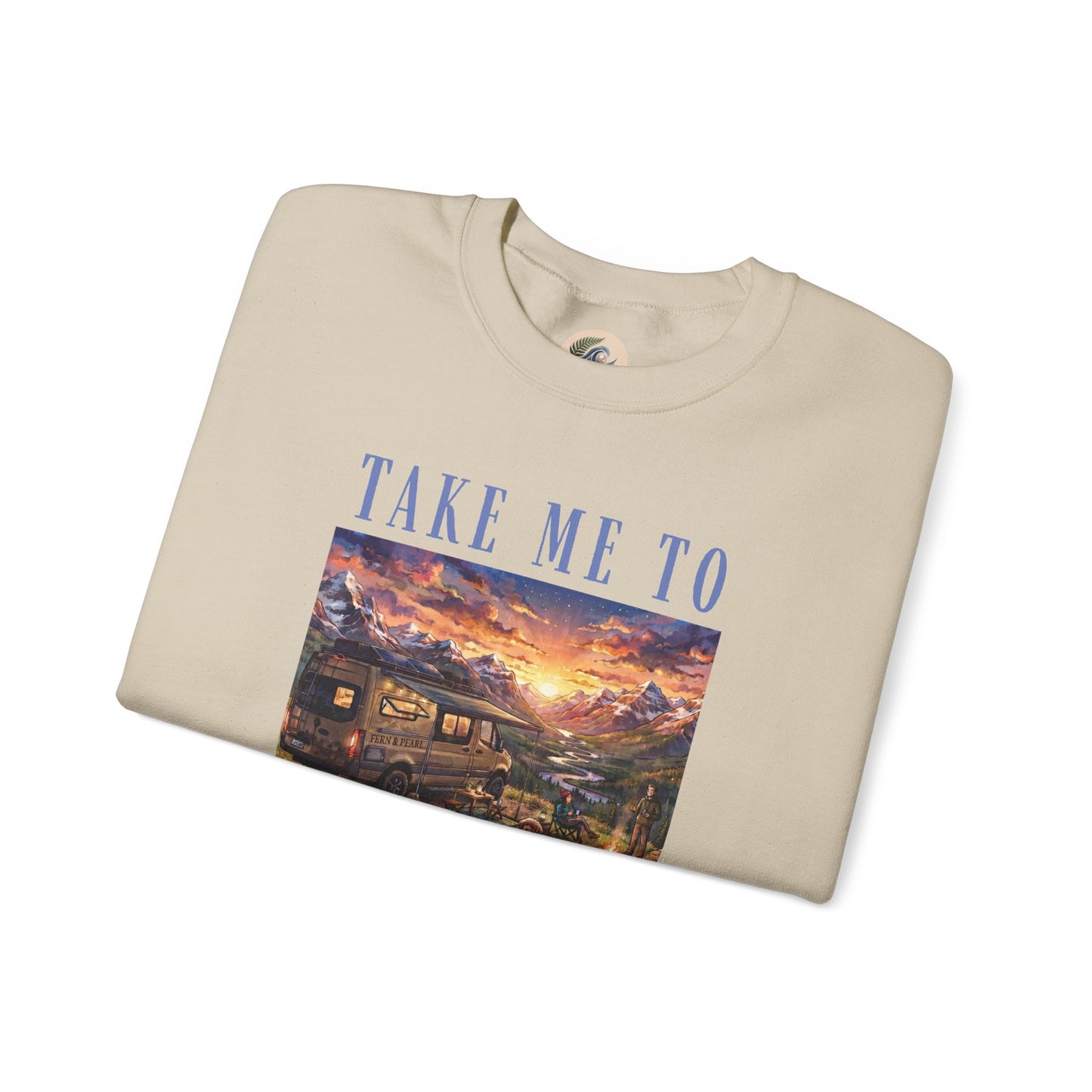 Take Me To The Mountains Sunset Crewneck Sweatshirt — Scenic Cabin Mountain Graphic