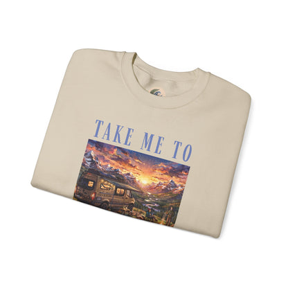 Take Me To The Mountains Sunset Crewneck Sweatshirt — Scenic Cabin Mountain Graphic
