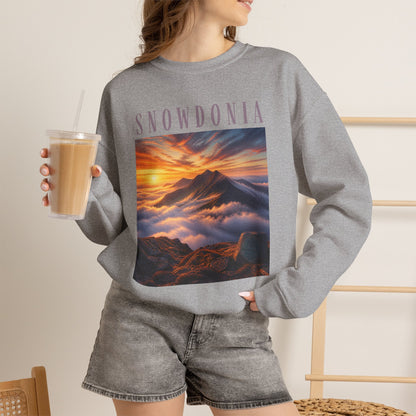 Snowdonia Sunset Crewneck Sweatshirt — Scenic Mountain Graphic