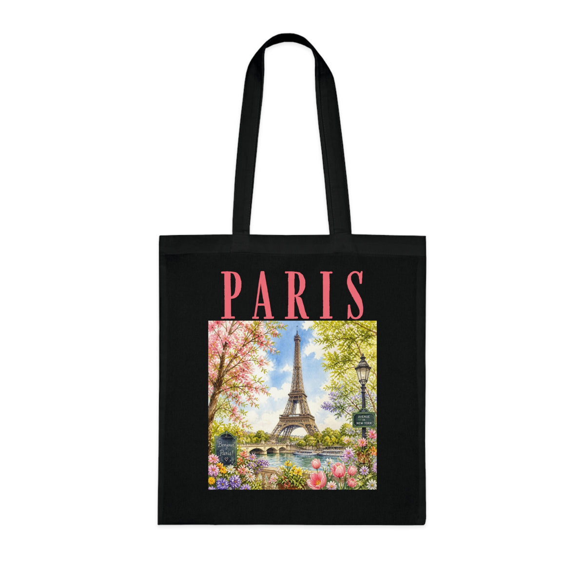 Paris Floral Tote Bag — Eiffel Tower Springtime Canvas Cotton Tote