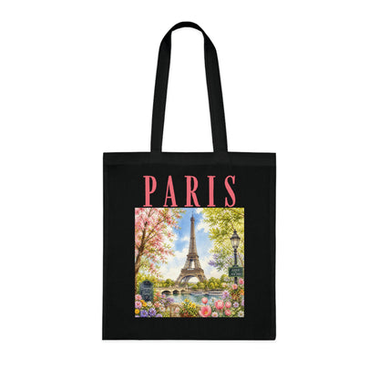 Paris Floral Tote Bag — Eiffel Tower Springtime Canvas Cotton Tote