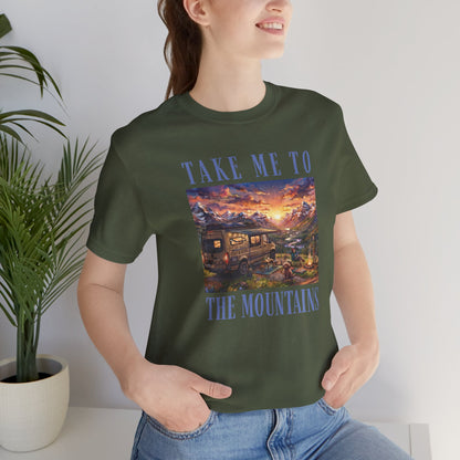 Take Me to the Mountains Sunset Tee — Scenic Cabin Sunset Graphic T-Shirt