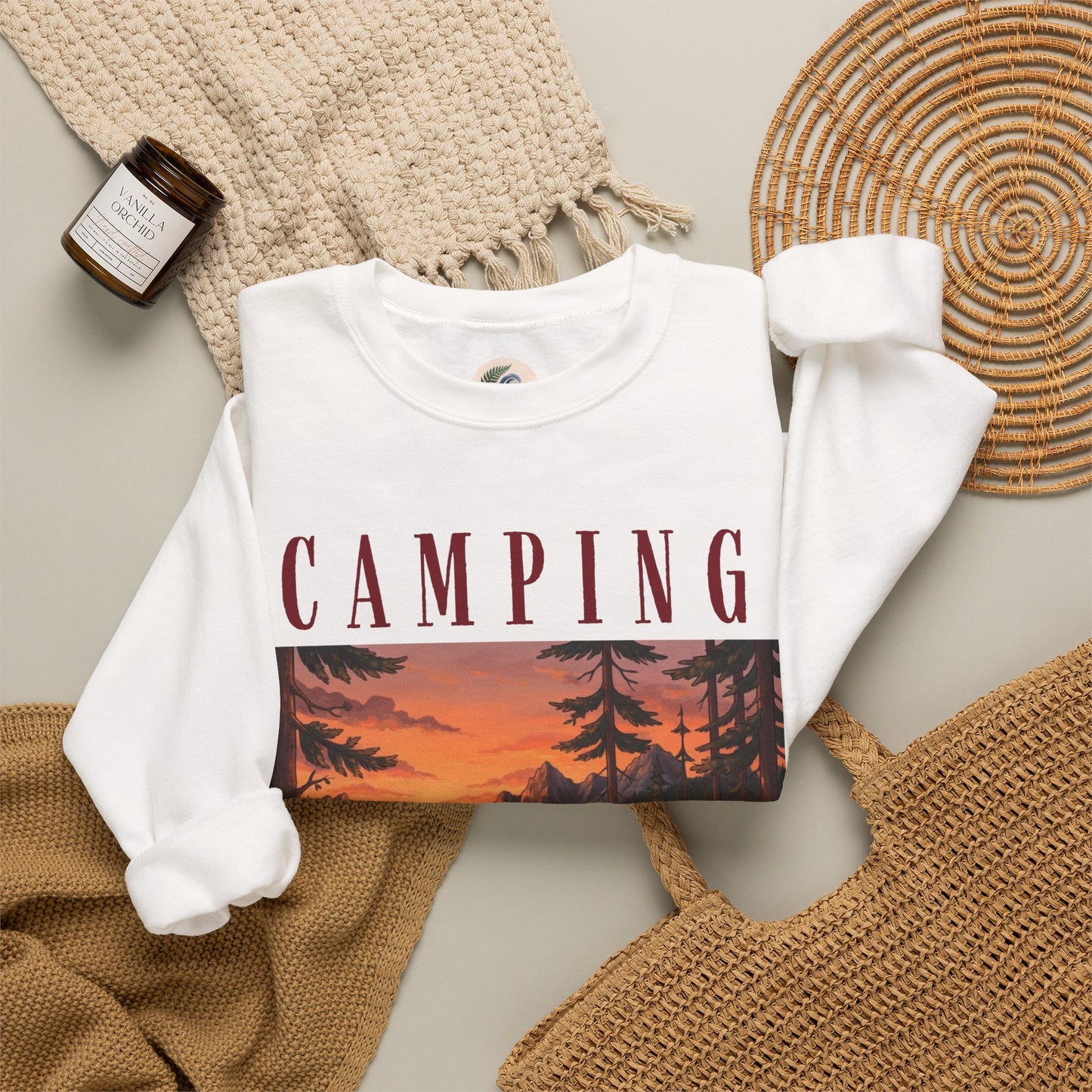 Camping Bitch Crewneck Sweatshirt — Vintage Campsite Graphic & Wine Glass