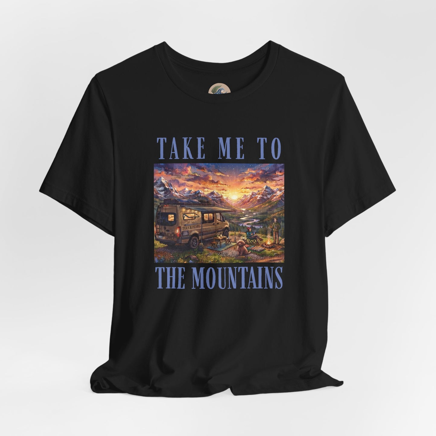 Take Me to the Mountains Sunset Tee — Scenic Cabin Sunset Graphic T-Shirt