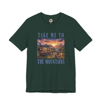 Take Me to the Mountains Sunset Tee — Scenic Cabin Sunset Graphic T-Shirt