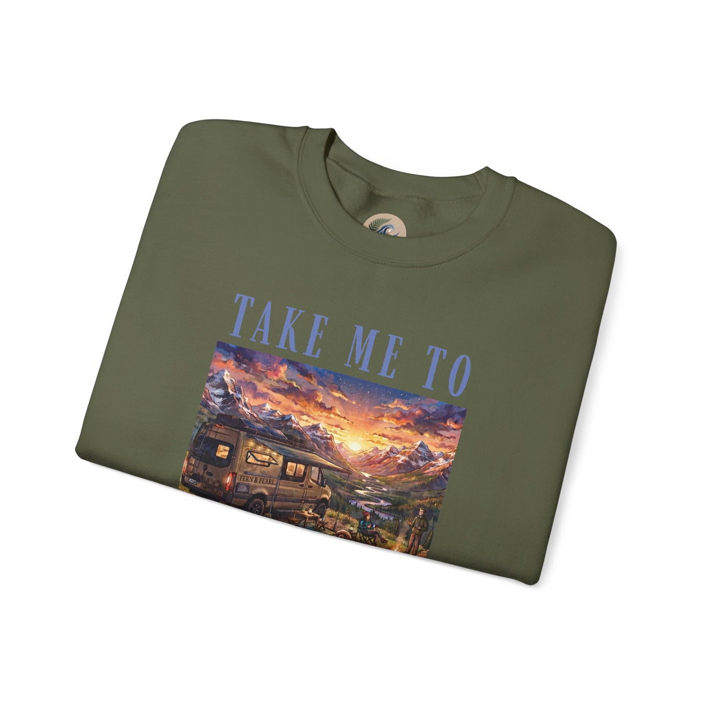 Take Me To The Mountains Sunset Crewneck Sweatshirt — Scenic Cabin Mountain Graphic