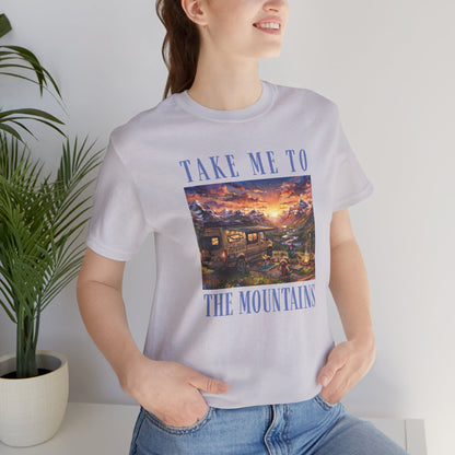 Take Me to the Mountains Sunset Tee — Scenic Cabin Sunset Graphic T-Shirt