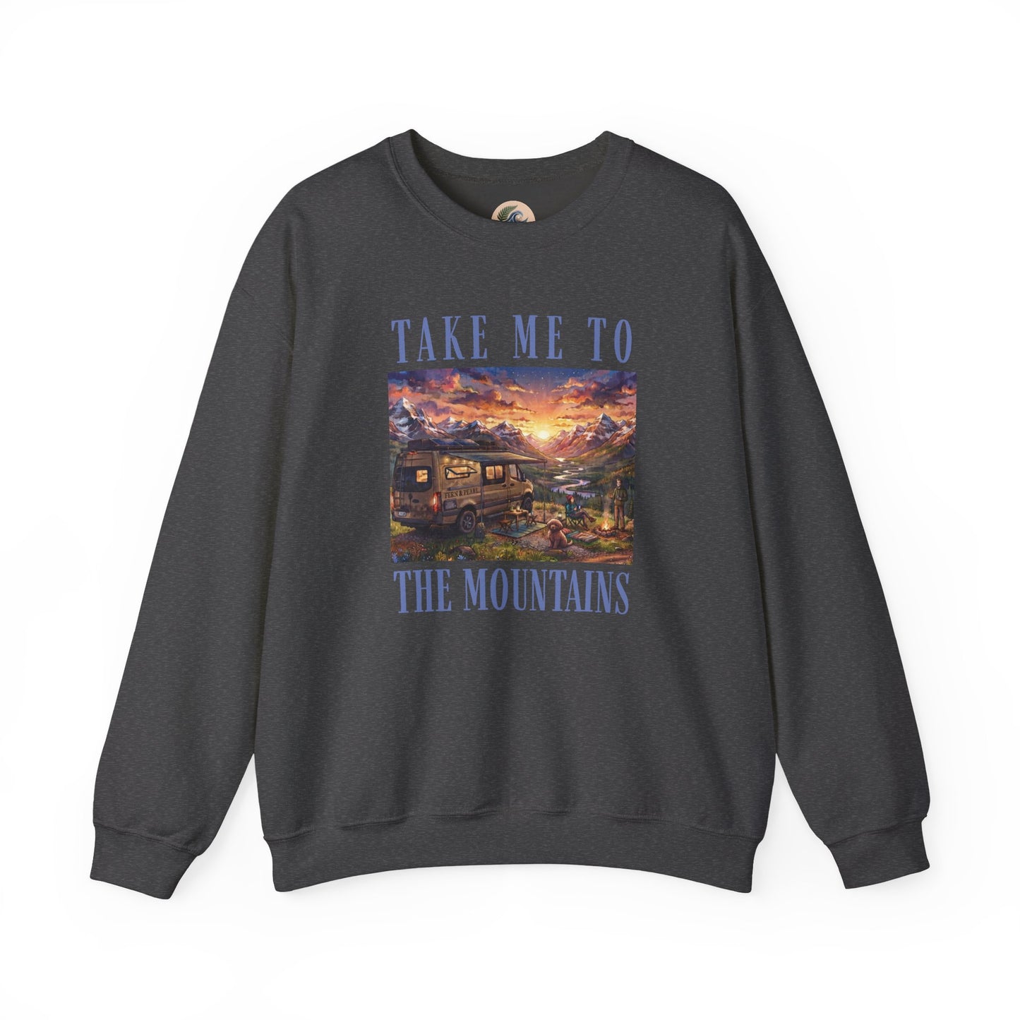 Take Me To The Mountains Sunset Crewneck Sweatshirt — Scenic Cabin Mountain Graphic