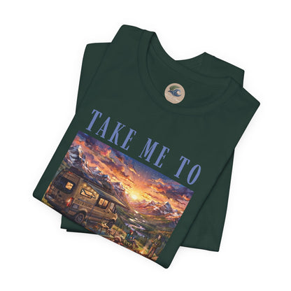 Take Me to the Mountains Sunset Tee — Scenic Cabin Sunset Graphic T-Shirt