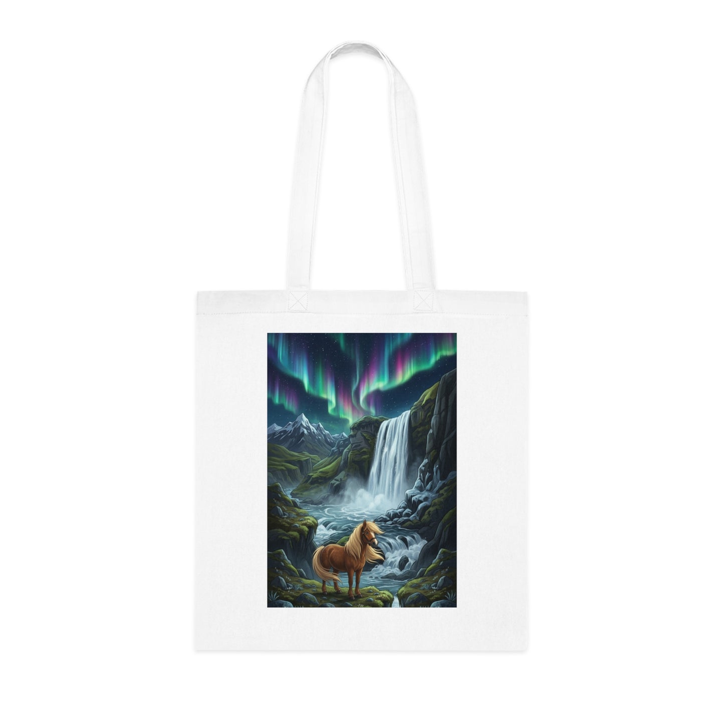 Aurora Falls Horse Cotton Tote — Scenic Northern Lights Waterfall Bag