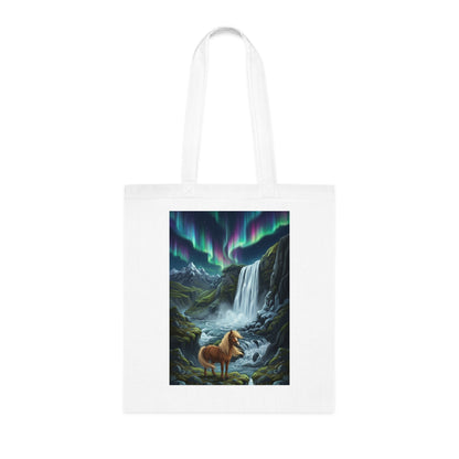 Aurora Falls Horse Cotton Tote — Scenic Northern Lights Waterfall Bag