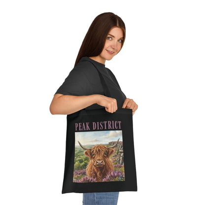 Peak District Highland Cow Tote Bag – Scenic Cotton Shopper with 'Peak District' Text