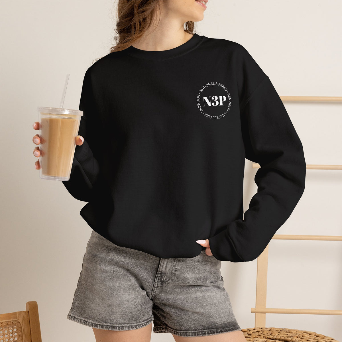 Minimal 'N3P' National 3 Peaks Logo Crewneck Sweatshirt – Small Chest Emblem, Casual Everyday Pullover