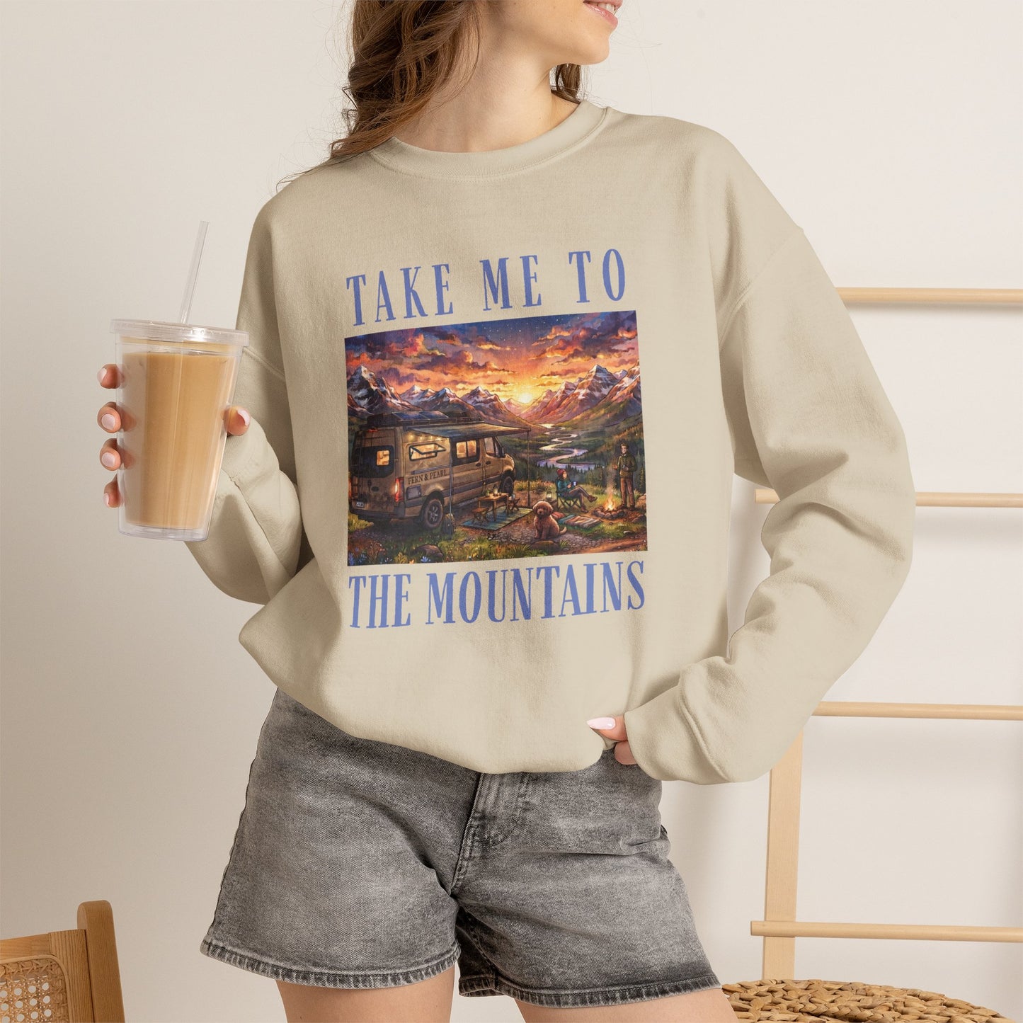 Take Me To The Mountains Sunset Crewneck Sweatshirt — Scenic Cabin Mountain Graphic