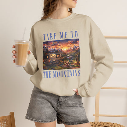 Take Me To The Mountains Sunset Crewneck Sweatshirt — Scenic Cabin Mountain Graphic