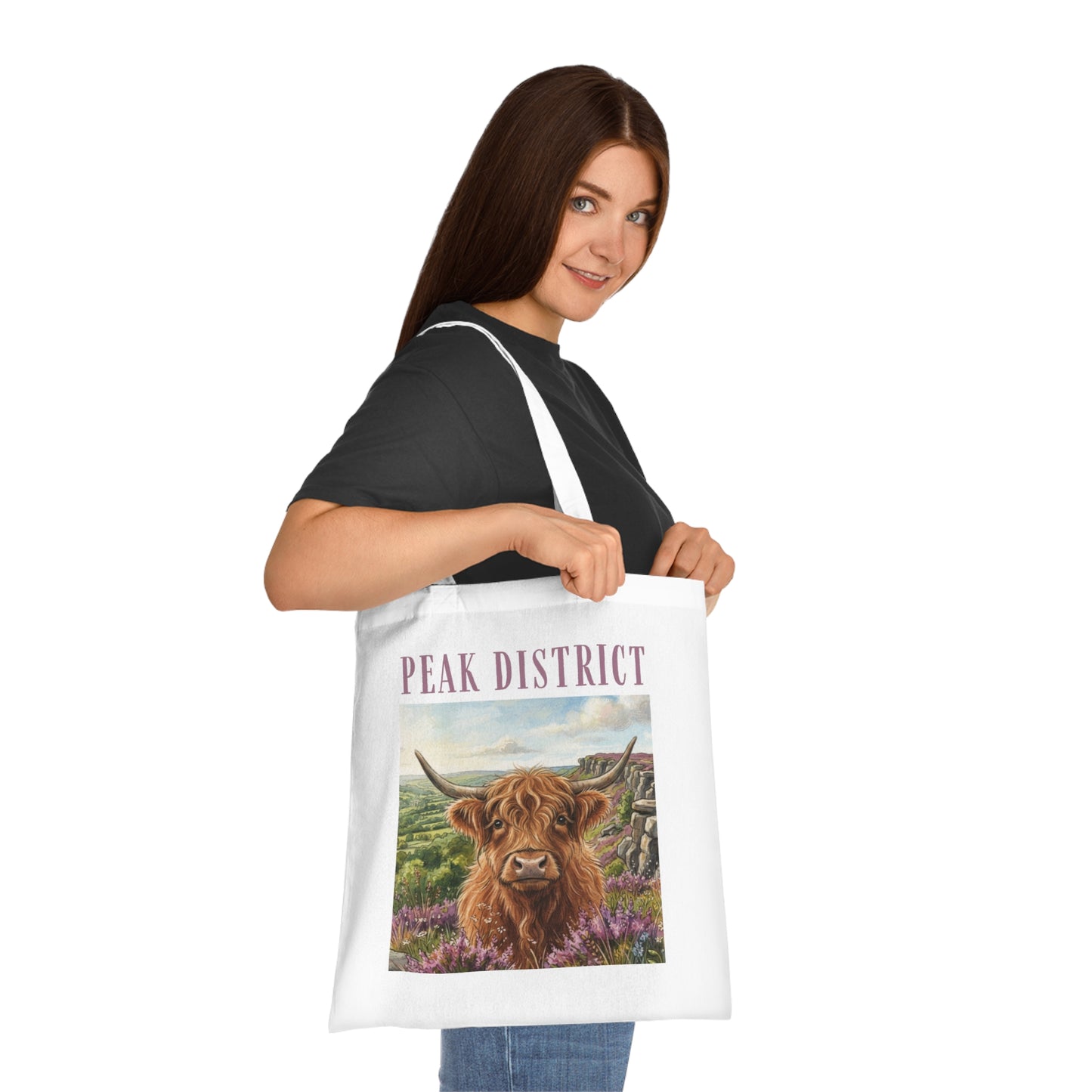 Peak District Highland Cow Tote Bag – Scenic Cotton Shopper with 'Peak District' Text
