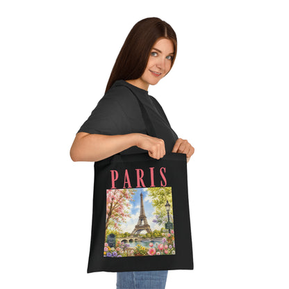 Paris Floral Tote Bag — Eiffel Tower Springtime Canvas Cotton Tote