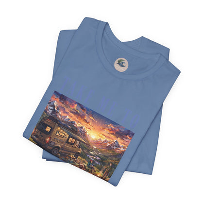 Take Me to the Mountains Sunset Tee — Scenic Cabin Sunset Graphic T-Shirt