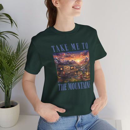 Take Me to the Mountains Sunset Tee — Scenic Cabin Sunset Graphic T-Shirt