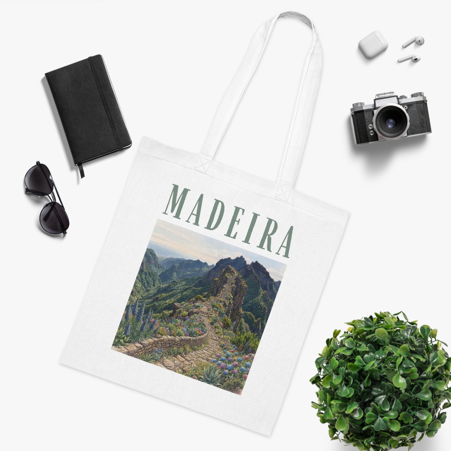 Madeira Scenic Cotton Tote — Travel Tote Bag with Mountain Landscape Print