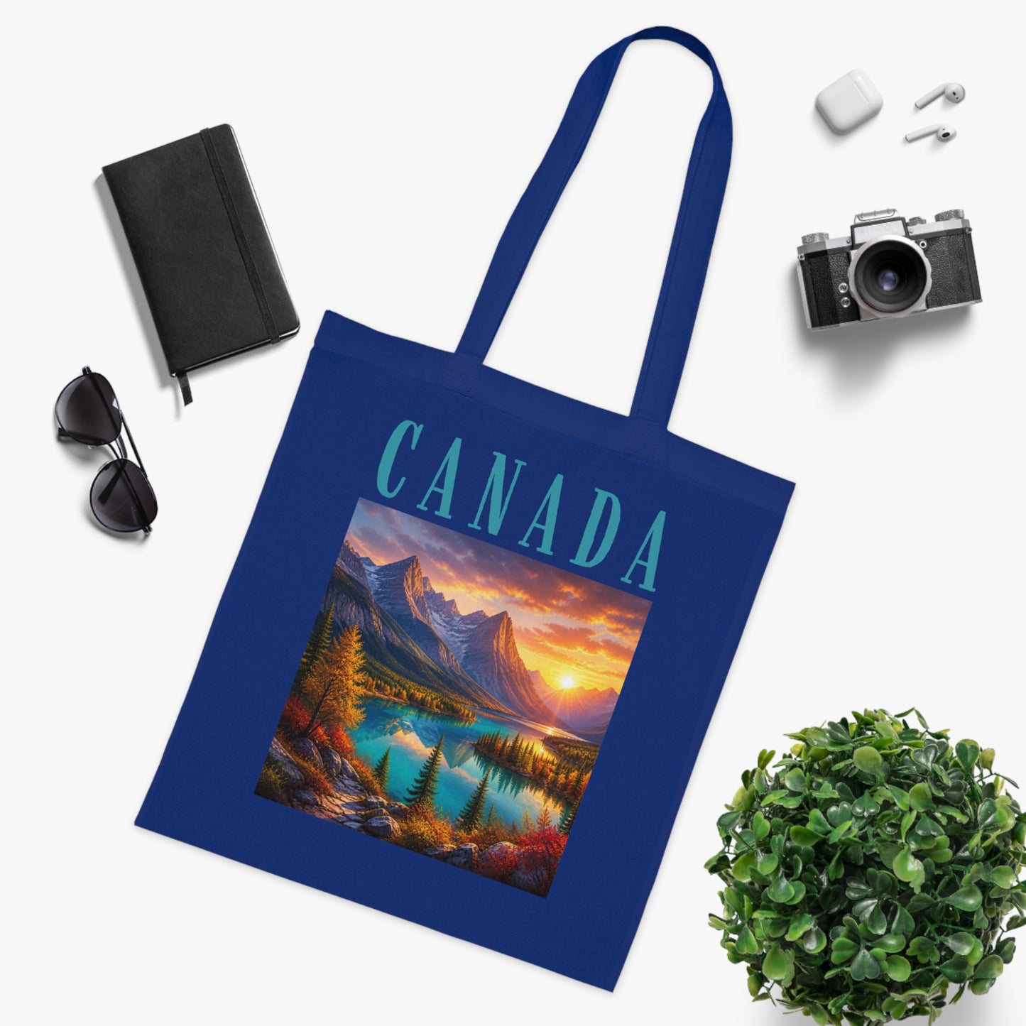 Canada Scenic Tote Bag — Mountain Lake Sunset Cotton Tote for Travel, Souvenir & Gift