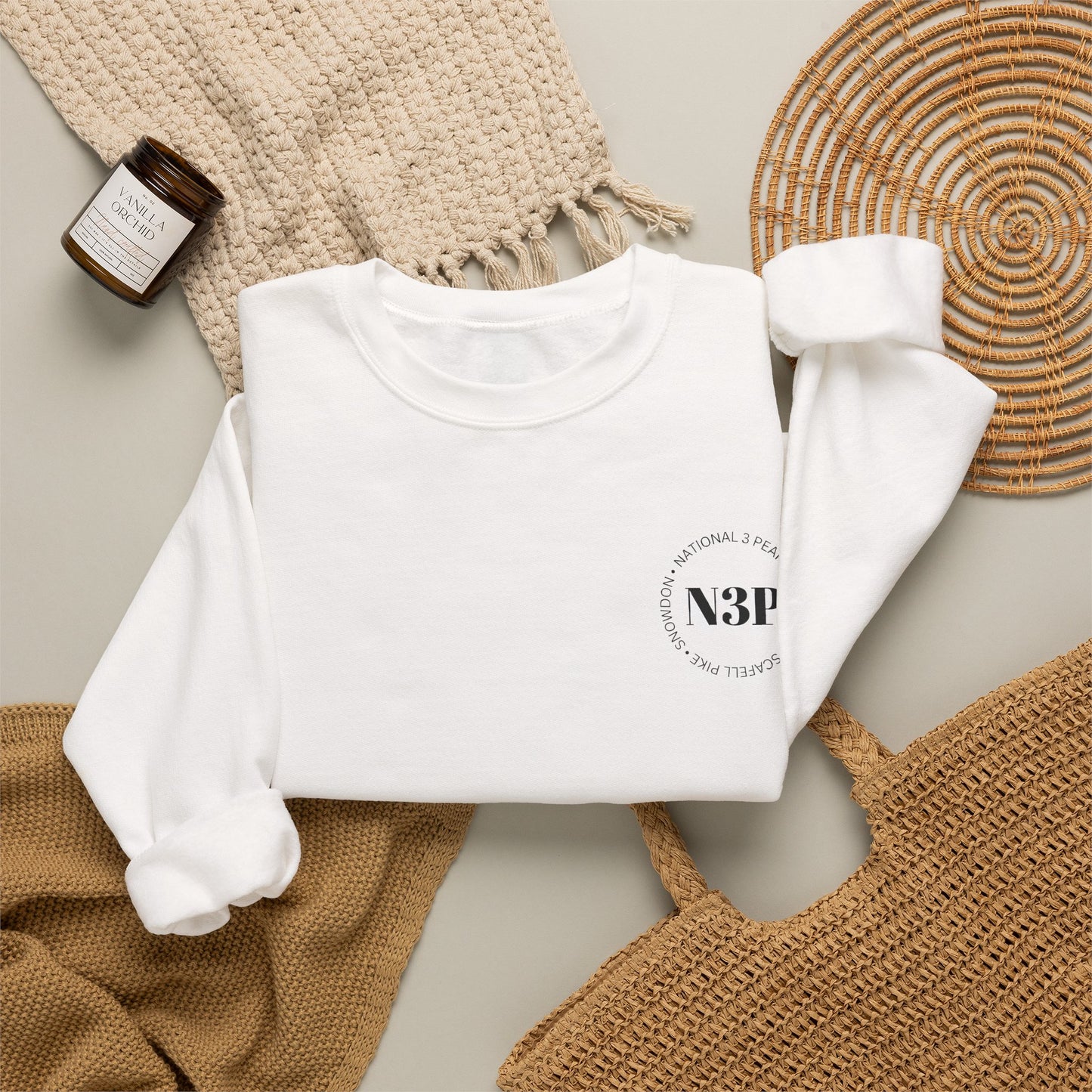 Minimal 'N3P' National 3 Peaks Logo Crewneck Sweatshirt – Small Chest Emblem, Casual Everyday Pullover