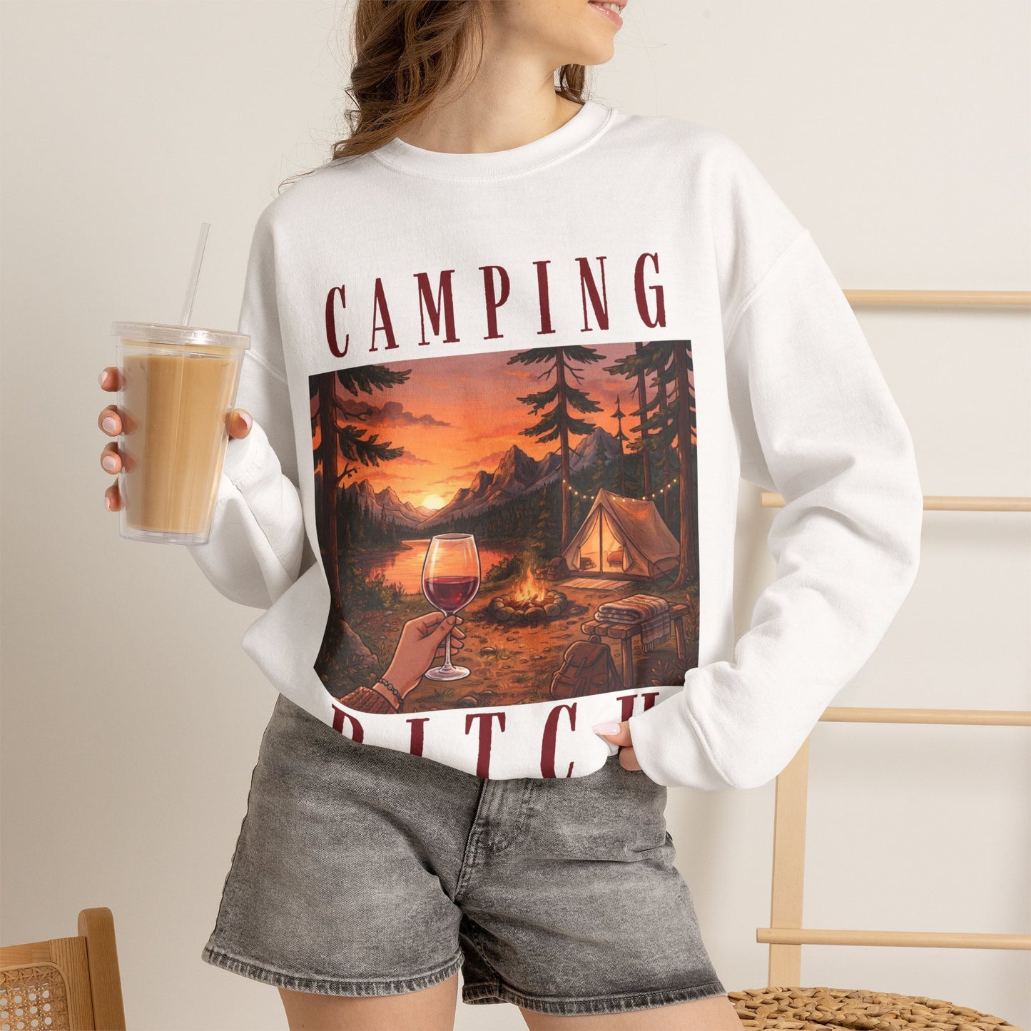 Camping Bitch Crewneck Sweatshirt — Vintage Campsite Graphic & Wine Glass