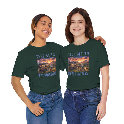 Take Me to the Mountains Sunset Tee — Scenic Cabin Sunset Graphic T-Shirt