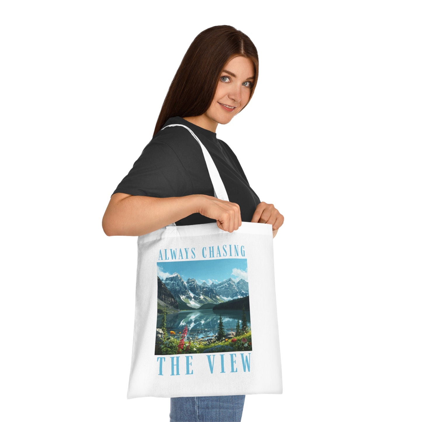 Always Chasing The View Cotton Tote — Scenic Mountain Lake Oeschinese Travel Tote