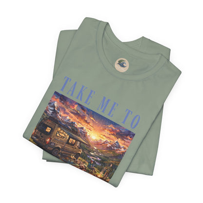 Take Me to the Mountains Sunset Tee — Scenic Cabin Sunset Graphic T-Shirt